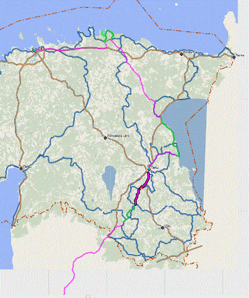 Estland.GIF - Routen in Estland: Mit Velo (grün) mit Bus (pink)