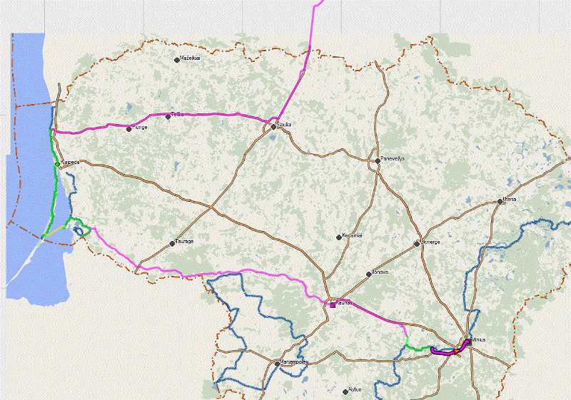Litauen.GIF - Litauen: Veloroute (grün) Busroute (pink)